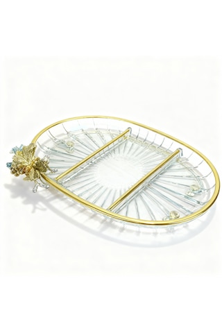 Lux Metal Ayaklı Gold Oval Kelebekli Sunumluk / Kurabiyelik Altın