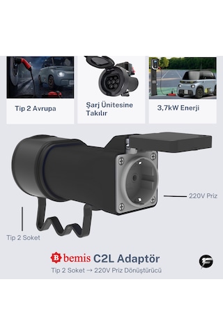 Bemis C2l Charger To Load Elektrikli Araç Şarj Uyumlu Kablosuz Adaptör 3.7 Kw