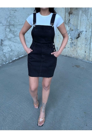 Shevega Kadın Siyah Ucu Kesik Kanguru Cep Etekli Bahçivan Kot Tulum Siyah