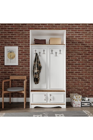 Stella 4 Kapaklı 6 Askılı 5 Bölmeli Country Vestiyer, Portmanto Beyaz-ceviz- Tamamı Mdf Beyaz - Ceviz