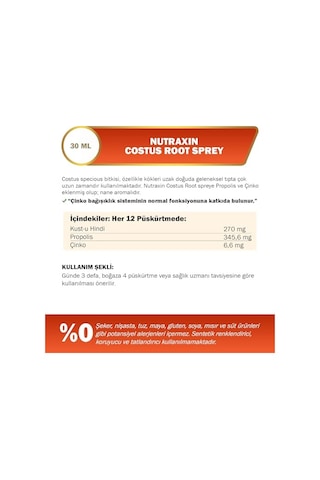Nutraxin Costus Root Spray 30 Ml Vitamin Takviyesi