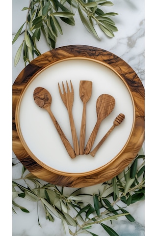 Zeytin Ağacı 5 Parça Ahşap Mutfak Seti, Tahta Kaşık, Çatal, Spatula, Bal Kaşığı El Yapımı