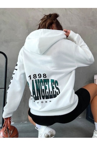 Unisex Beyaz Los Angeles Kol Baskılı Kapşonlu Oversize Sweatshirt 001