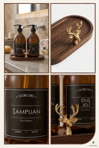 Amber Şişe Sabunluk Cam İkili Şampuan-duş Jeli Banyo Düzenleyici Klasik Gold Geyik Ahşap Standlı 500ml