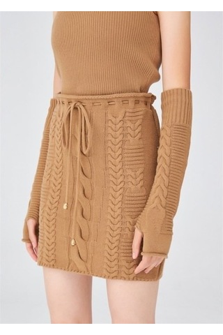Peraluna Saç Örgü Desenli Kadın Triko Etek Camel