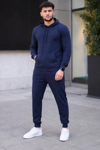 Moda Erkek İki İplik Kapüşonlu Kanguru Cepli Sweatshirt Jogger Pantolon Alt Üst Eşofman Takımı - Lacivert Çok Renkli