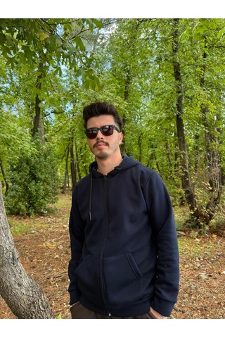 Erkek Oversize Kapüşonlu Tam Fermuarlı Kanguru Cepli Şardonlu Sweatshirt Lacivert