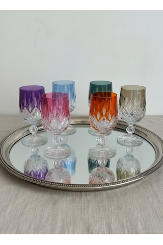 Bohemia Kristal Kahve Yanı Su Bardağı Lüsterli Dekorlu 130 Cc 6 Adet Çok Renkli