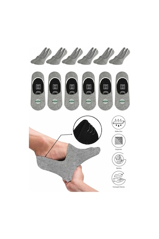 Saysez Bambu Erkek Babet Çorap Gri Melanj Dikişsiz Görünmez Kaydırmaz Topuk Silikonlu Premium 6'lı Paket Gri