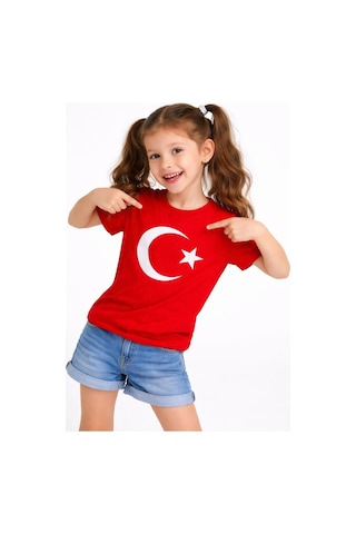 Primemağazam Kız Çocuk Tişört Bisiklet Yaka Ay Yıldız Bayrak Baskılı T-shirt - Kırmızı Çeşitli