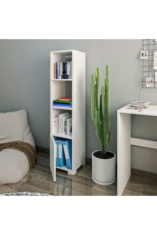 Kuzey 4 Raflı, Kapaklı Minimal Beyaz Kitaplık