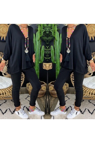 Kadın Uzun Kollu Derin V Yaka Ön Kısa Arka Uzun Viskon Bluz Siyah