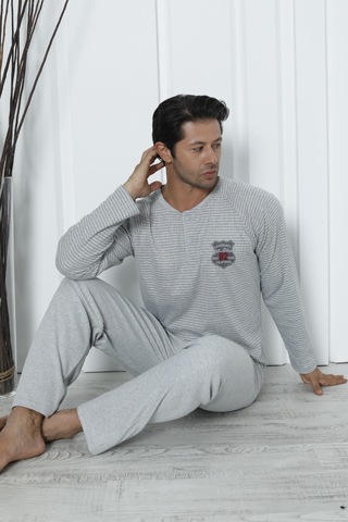Falkom 5003 İnterlok Kalın Kışlık Çizgili Erkek Ev Pijama Takımı Gri