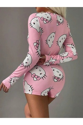 Go İthalat Kadın Şık Tasarım Pamuklu Pembe Hello Kitty Desenli Düğmeli Uzun Kol Tulum Pijama