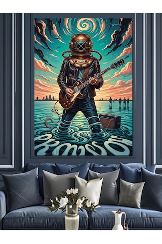 Karizma Tablo Gitar Çalan Balık Adam Dekoratif Kanvas - Mdf Ahşap Tablo