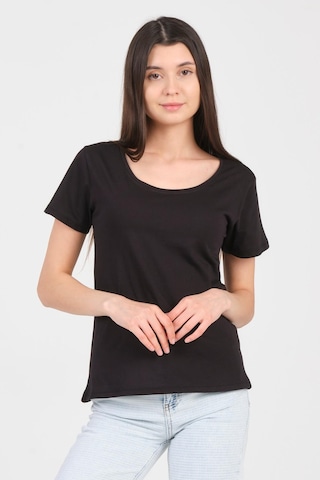 As Collection Siyah Kayık Yaka Kısa Kol Örme Kadın T-shirt Siyah