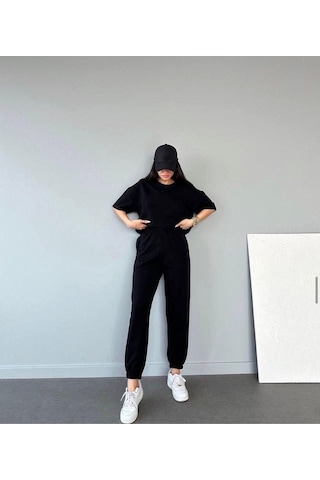 Basic T-shirt Eşofman Altı Jogger Siyah Düz Alt Üst Eşofman Takımı Oversize Bisiklet Yaka Siyah