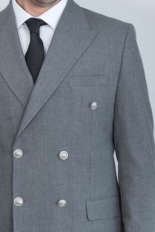 Gümüş Renk Metal Düğmeli Slim Fit Kruvaze Antrasit Erkek Takım Elbise Wessi Gri