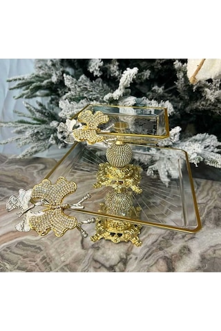 Elta Collection Paşabahçe 2 Li Kelebekli Elmas Kare Döküm Ayaklı Pasta Sunumluk Kurabiyelik Goldd