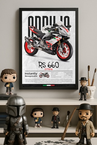 Aprilia Rs 660 Extrema Siyah Ahşap Çerçeveli Poster, Dekoratif Motosiklet Duvar Tablosu Çok Renkli
