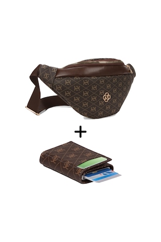 Newish Polo Kadın Desenli Mekanizmalı Cüzdan Ve Çapraz Omuz Askılı Bel Ve Omuz Çantası New345- Kahve - Kahve