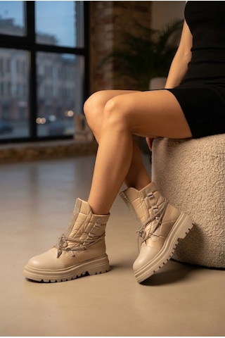 Shoetek Giza Kadın Kar Botu Taşlı Bağcıklı Paraşüt Kumaş Bej