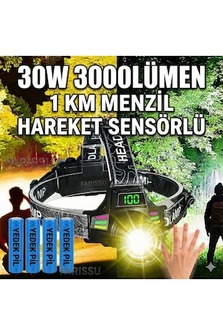 Yedek Pilli 30w Sensörlü Kafa Lambası - Dijital Şarj Göstergeli, 3000 Lümen, Type-c Şarjlı Su Geçirmez Siyah