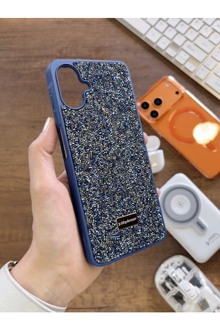Samsung A07 Uyumlu Kadife İç Yüzey Tasarımlı Taşlı Işıltılı Parlak Pırlanta Kılıf Dia Plus Lacivert