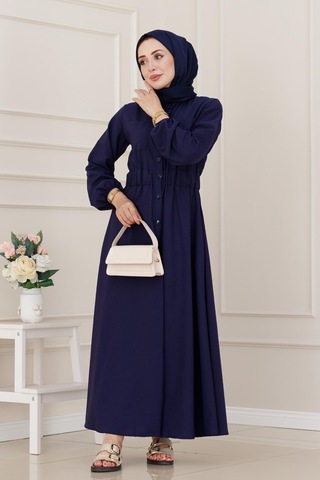 Sevitli Beli Lastikli Cepli Yasmin Elbise-lacivert-5267