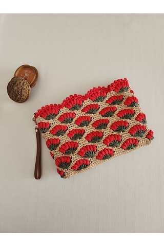 Fikriharika Design Karanfil Desenli, Suni Deri Astarlı, Rafya Clutch Çanta Bej - Çok Renkli