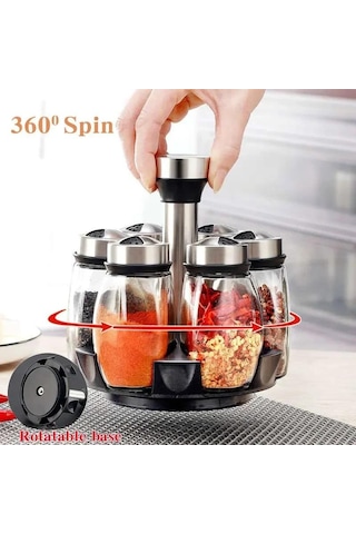 Kompakt Cam Ve Paslanmaz Çelik Baharat Kavanozu Seti Döner Raflı - Düzenli Mutfak Depolama İçin 7 Kavanoz Beyaz