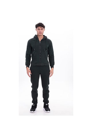 Rowinger 3 İplik Kalın Dokulu Parçalı Görünümlü Kapüşonlu Tam Fermuarlı Erkek Sweatshirt Darkgreen