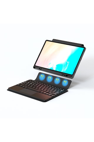 Samsung Galaxy Uyumlu Tab S10 Fe Plus Tablet Kılıf Bluetooh Bağlantılı Stand Klavyeli Tablet Touch Pad Yumuşak Tuş Siyah