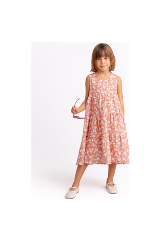 Kat Kat Çiçekli Müslin Kız Çocuk Elbise Gül Kurusu Gülkurusu