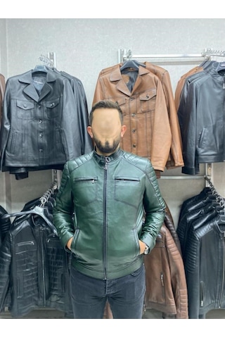 Nyc Giyim Tekstil & Deri Yeşil Karartmalı Hakiki Deri Spor Mont Ceket Slim Fit Yeşil