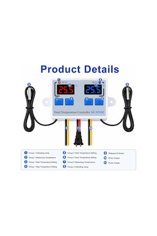 Xk-w1088 Çift Kanallı Dijital Sıcaklık Kontrol Cihazı 12v Dc 2 10a Röle Çift Ntc Sensör