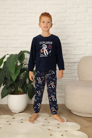 Yeni Stil Sonbahar/kış Erkek Çocuk Uzay Figür Astronot Desen Polar Pijama Takımı 4565 Lacivert