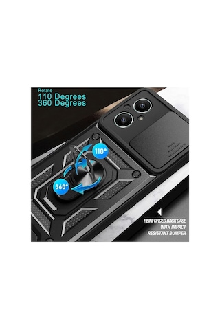 Realme 12 Lite Uyumlu Tank Kılıf Yüzüklü Standlı Extra Darbe Koruma Zırhlı Outdoor Kapak Siyah