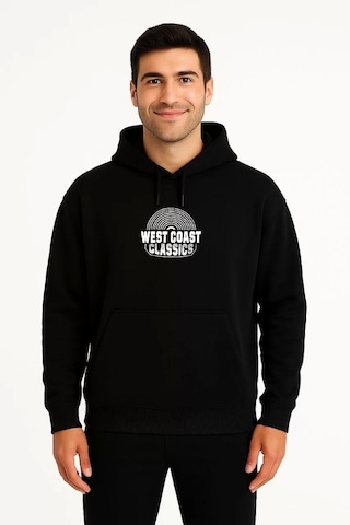 Erkek Üç İplik Kapüşonlu Ön Ve Arka Baskılı Sweatshirt Hoodie - Siyah Siyah