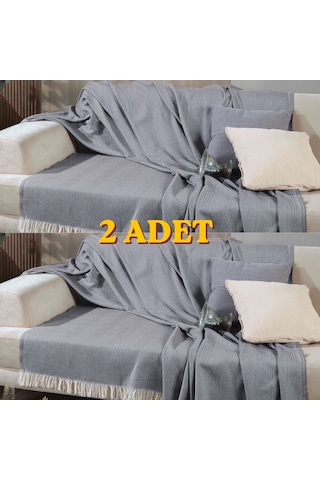 170 210 Cm Pamuklu Önden Saçaklı 170x210 Koltuk Örtüsü 2'li Paket Antrasit