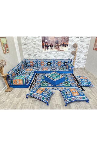 Coton Şark Köşesi Milas Desenli Köşe Takımı Mavi