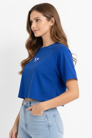 Soft&Basic Kadın Nakışlı Regular %100 Organik Pamuk Yuvarlak Yaka Kısa Crop T-shirt Mavi