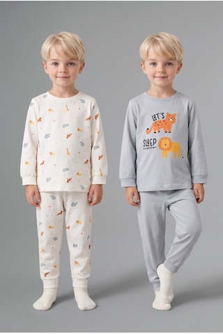 Defacto %100 Pamuk Hayvan Desenli Uzun Kollu Üst Lastikli Paça 4lü Pijama Takımı Erkek Bebek I1440a526augr91 Gri-gr91