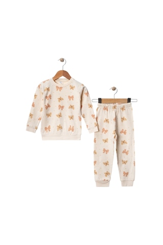 Kız Çocuk Kelebek Desenli %100 Pamuk İnterlok Kumaş Pijama Takımı 3-6 Yaş Krem