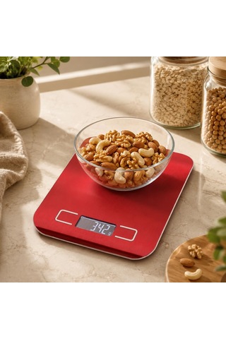 Dijital Mutfak Terazisi 5 Kg, Paslanmaz Çelik Yüzeyli Lcd Ekranlı Hassas Gram Ölçer, Dara Fonksiyonlu Mutfak Tartısı, Gümüş Gold Ve Kırmızı Renk Seçenekli Kırmızı Çok Renkli