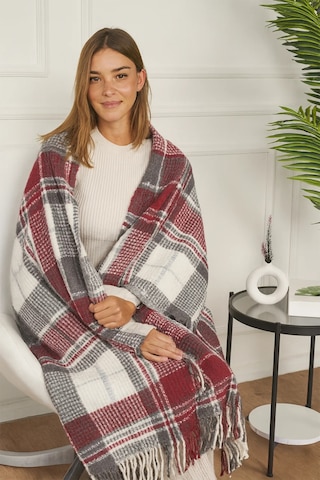Cozy Skoç Desenli Püsküllü Pamuklu Tv Battaniyesi 130x170 Cm Tek Kişilik Koltuk Şalı Diz Battaniyesi Dekoratif Battaniye Kırmızı Kırmızı
