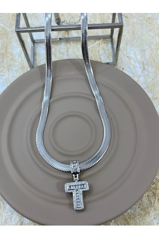 Premium Gümüş Renk Parlak Taşlı 316l Çelik Silver T Harf Kolye 45cm