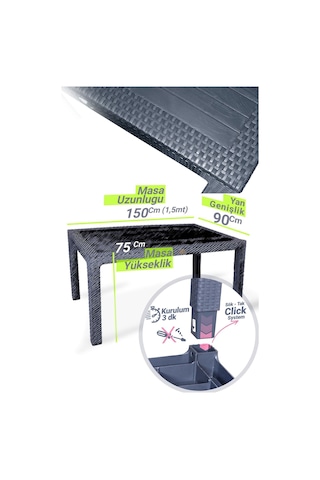 Bambu Pro 90x150cm Rattan Bahçe Balkon Masa Takımı 6 Kişilik Camsız Set Antrasit