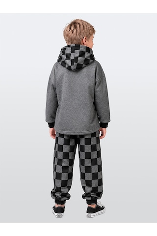 Deno Kids Denokids Erkek Çocuk Eşofman Takım Damalı Kalın Kapüşonlü Sweatshirt Eşofman Altı Çok Renkli