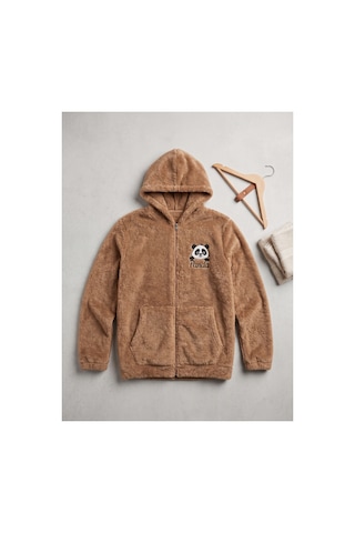 Deniva Kids Çocuk Bisküvi Kahverengi Panda Nakışlı Pelüş Fermuarlı Kapüşonlu Sweatshirt & Hırka